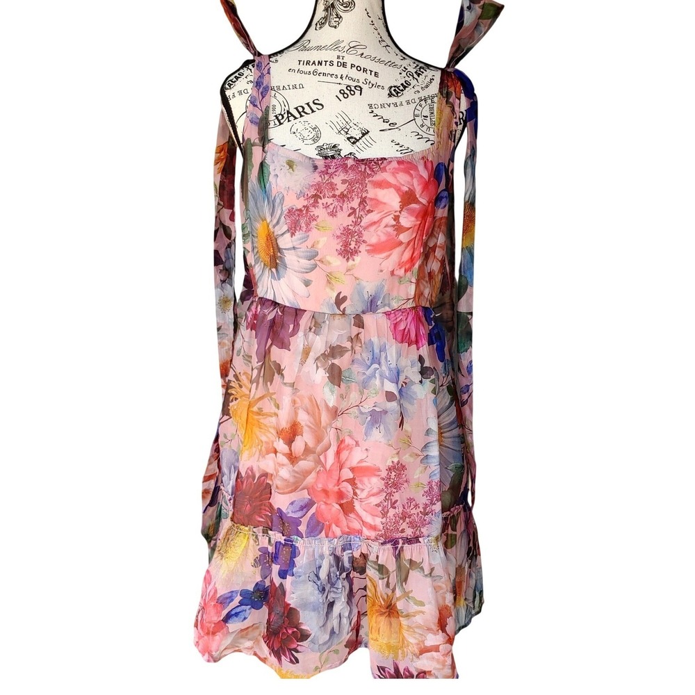 Audrey Parks Francesca's Mini Dress Women XL Mauve NWT‎ Floral Tie Strap Ruffle